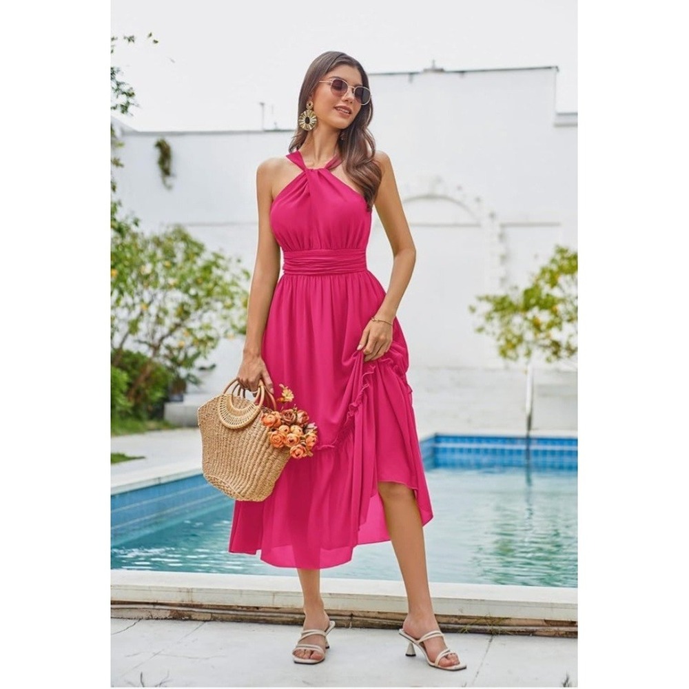 GRACE KARIN Spring Maxi Beach Dresse Sleeveless Casual Tiered Boho Pink XL NWT - Picture 3 of 4